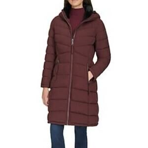 Calvin Klein Burgundy Hooded Stretch Puffer Coat Size M New with Tag MSRP $315